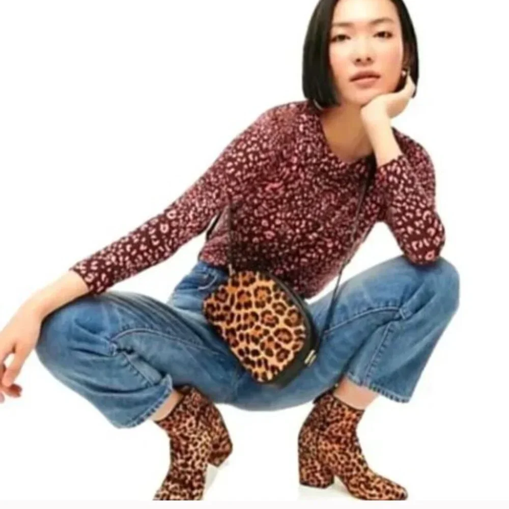 J. Crew Animal Print Crewneck Sweater Brown and Pink Size Small